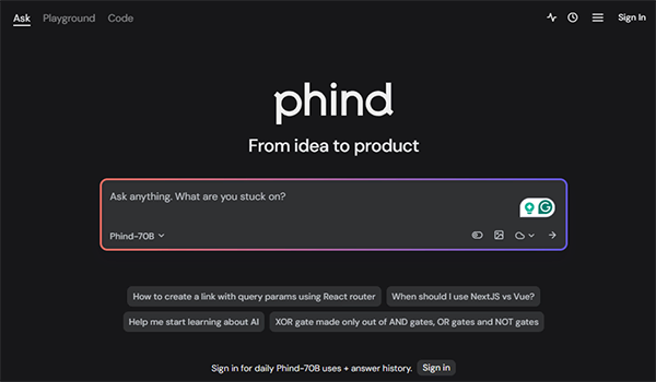 The Phind AI search engine.