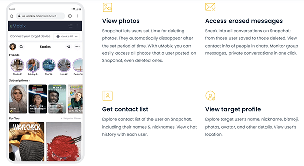 A screenshot of uMobix Snapchat tracking feature page