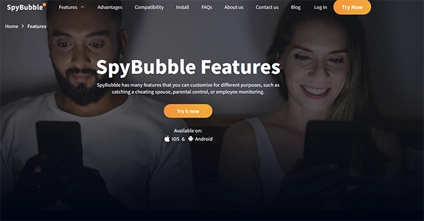 Screenshot of SpyBubble features page with parents happily checking their children's Snapchat