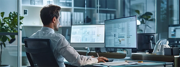 A data analyst diligently working at his desk