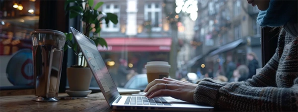 A virtual assistant freely working in a cafe, developing a new faxing software.