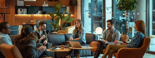 A diverse group of individuals collaborates around a table in a lobby, emphasizing the significance of knowledge management.