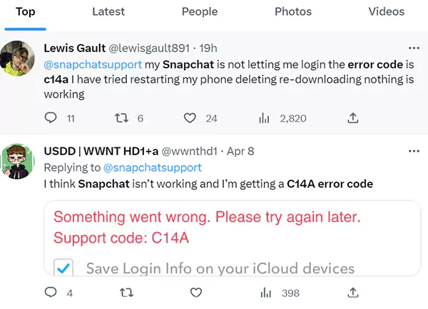 Tweets discussing about snapchat error c14a code