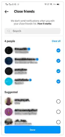  List of Close Friends and Suggested accounts
