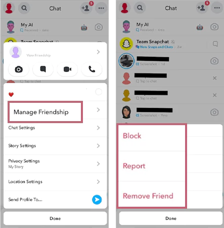 select manage friendship and choose block or remove friend option 