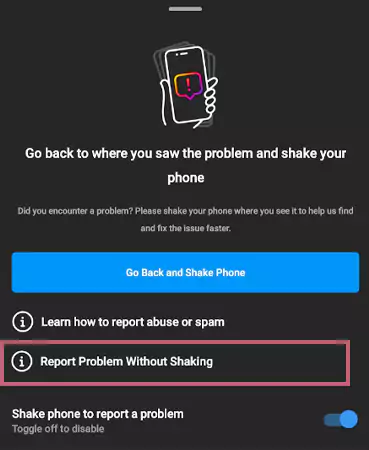 select report problem without shaking