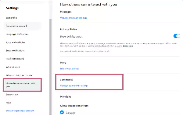 Select How others can interact with you and tap on the Manage comment settings option