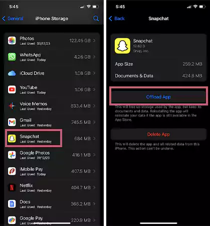 Select Snapchat and click on Offload app