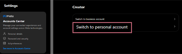 Choose Switch to Personal Account