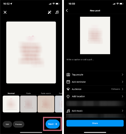 Editing your desired picture tap on Next and write a caption add location and music and tag peoples
