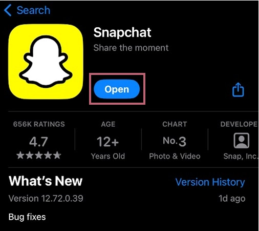 Hit open to launch the Snapchat application