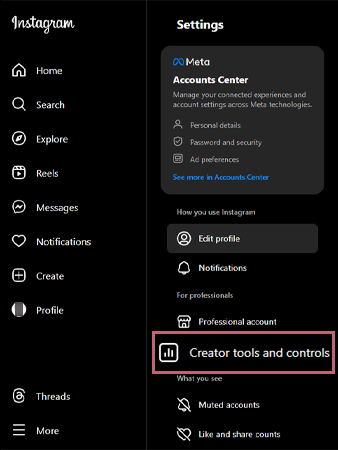 In the For Professional Sections choose Creator Tools and Controls