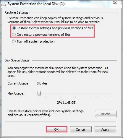 Restore system settings and Previous Versions of files