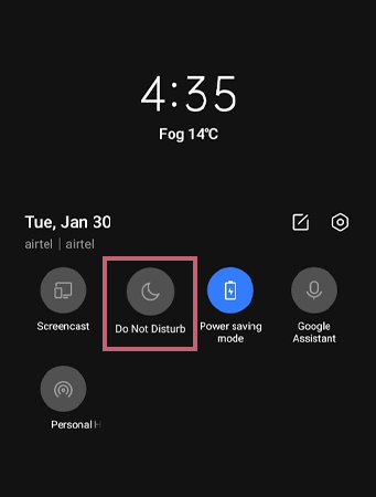Slide the notification panel and enable DND by clicking on it