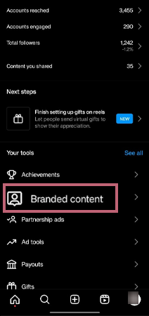 Scroll to Branded Content and then tap on it