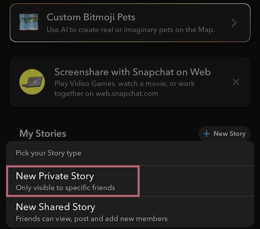 Here choose New Private Story