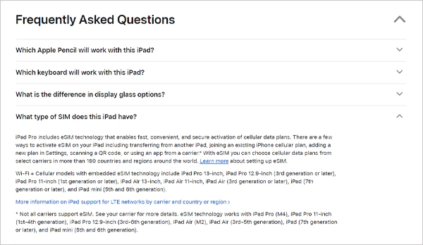 The new iPad Pro and Air models feature a FAQs section revealing neither will include a physical SIM card tray