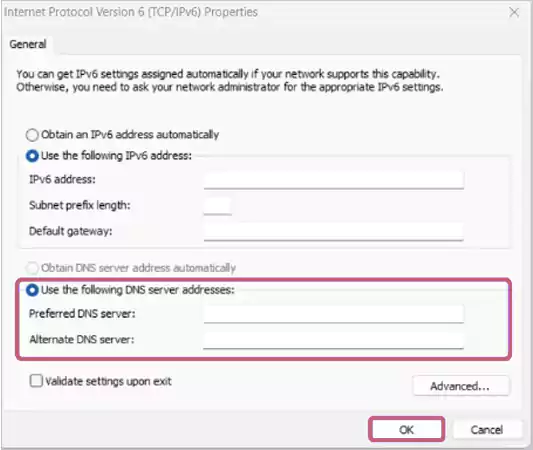 Add the Preferred and Alternate DNS server address