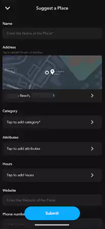 Business location form in Snapchat