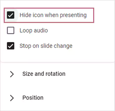 Check the box for the Hide icon when presenting