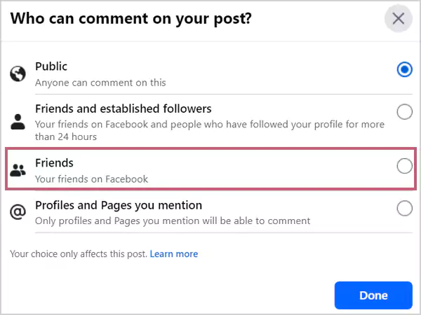 Choose who you want to give access to for commenting on your post