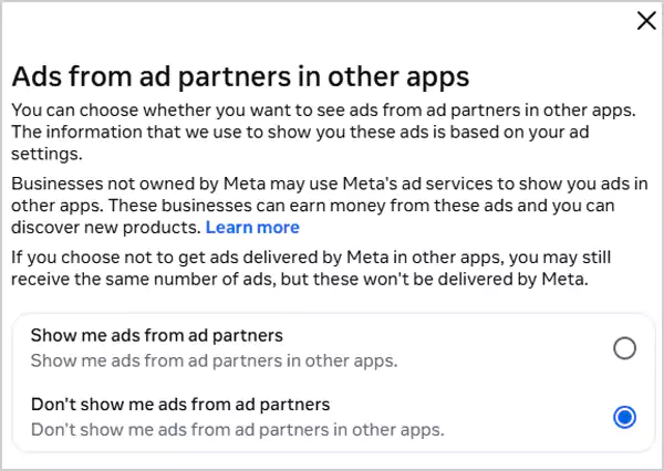 Go for the Dont show me ads from ad partners option