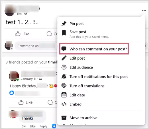 In the drop down menu choose Who Can Comment on Your Post