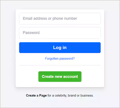 Facebook login page