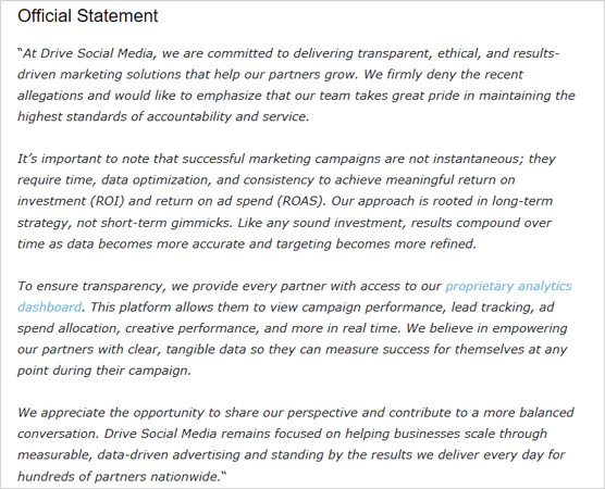 Official Statement of Drive Social Media Lawsuit
