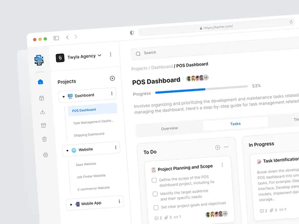 Task management dashboard with project progress, task lists, and workflow stages like “To Do” and “In Progress”
