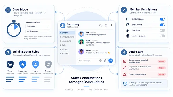 Four moderation layers: Slow Mode, member permissions, administrator roles, and anti-spam controls.