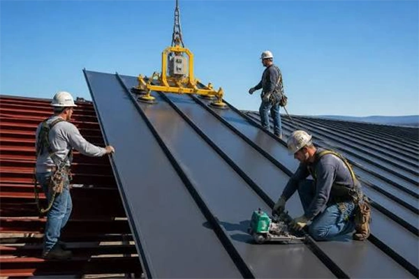 Contractors applying metal roofs on a home carefully